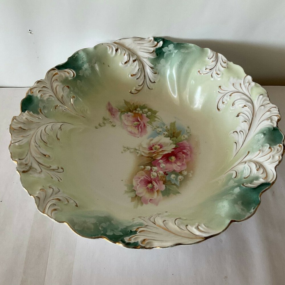 Antique RS PRUSSIA Bowl Gilded Bowl Green, Pink, and Blue Floral - Like New